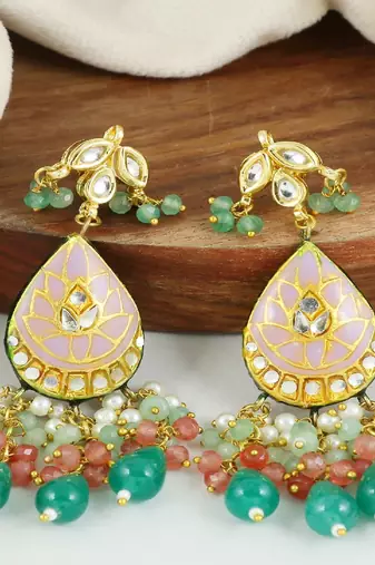 Polki pink quartz green onyx earrings
