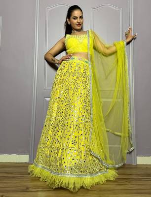 yellow zari embroidered with paper foil work georgette lehenga dress 1