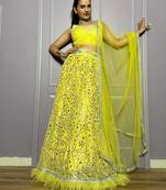 yellow zari embroidered with paper foil work georgette lehenga dress