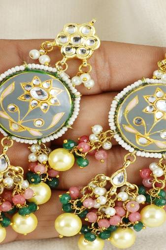 Kundan meena pearl rose quartz earrings