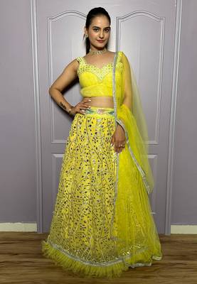 yellow zari embroidered with paper foil work georgette lehenga dress 3