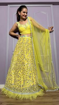 yellow zari embroidered with paper foil work georgette lehenga dress 4