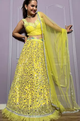 yellow zari embroidered with paper foil work georgette lehenga dress