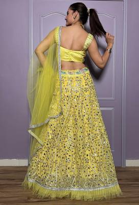yellow zari embroidered with paper foil work georgette lehenga dress 5