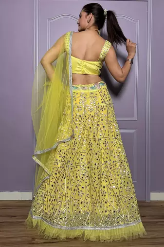 yellow zari embroidered with paper foil work georgette lehenga dress