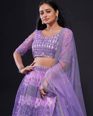 lavender thread zari and sequins embroidered net lehenga dress 2