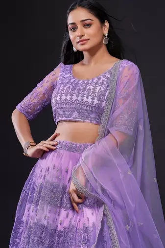 lavender thread zari and sequins embroidered net lehenga dress