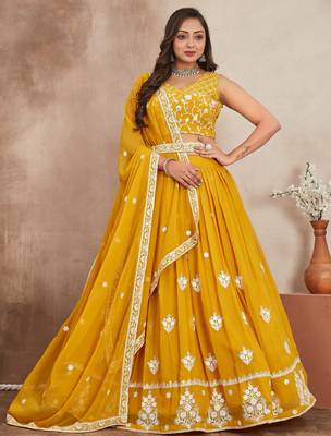 mustard yellow sequins and thread embroidered georgette lehenga dress 1