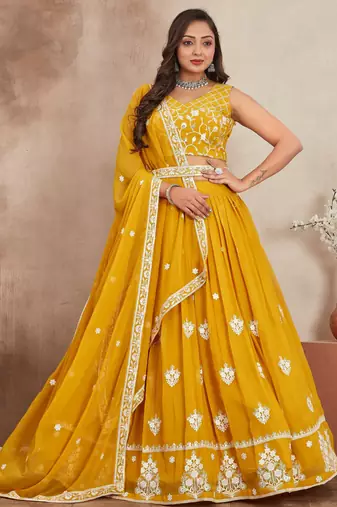 mustard yellow sequins and thread embroidered georgette lehenga dress