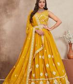 mustard yellow sequins and thread embroidered georgette lehenga dress