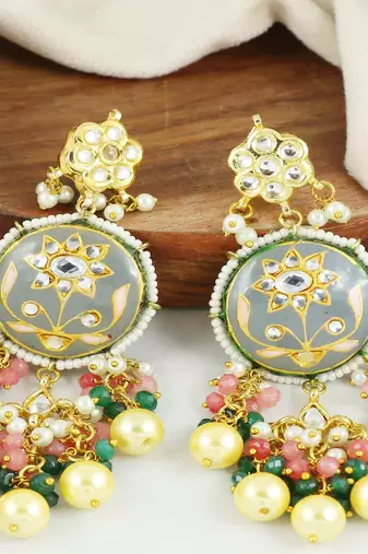 Kundan meena pearl rose quartz earrings