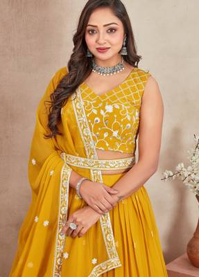 mustard yellow sequins and thread embroidered georgette lehenga dress 2
