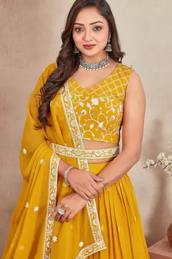 mustard yellow sequins and thread embroidered georgette lehenga dress