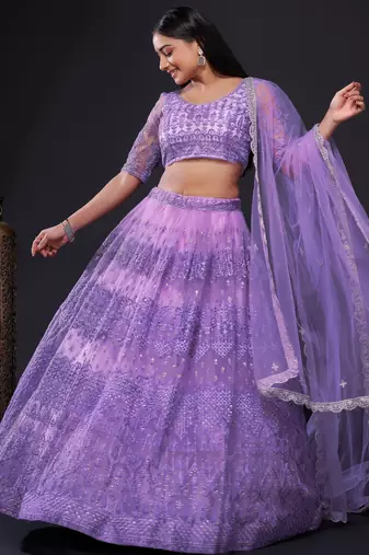lavender thread zari and sequins embroidered net lehenga dress