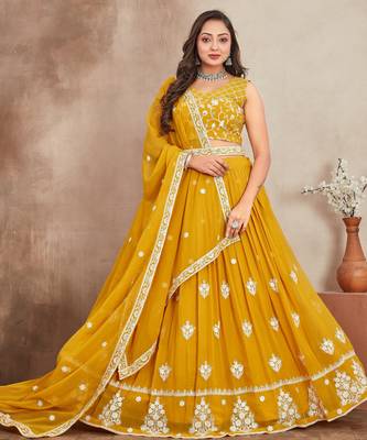 mustard yellow sequins and thread embroidered georgette lehenga dress 3