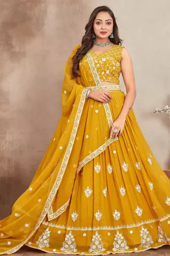 mustard yellow sequins and thread embroidered georgette lehenga dress