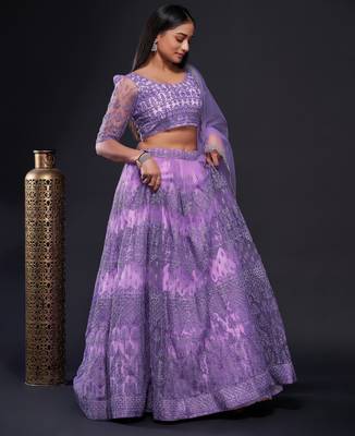 lavender thread zari and sequins embroidered net lehenga dress 4