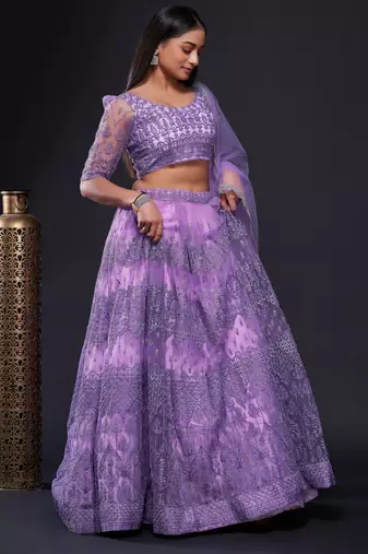 lavender thread zari and sequins embroidered net lehenga dress