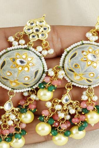 Kundan meena pearl green onyx earrings
