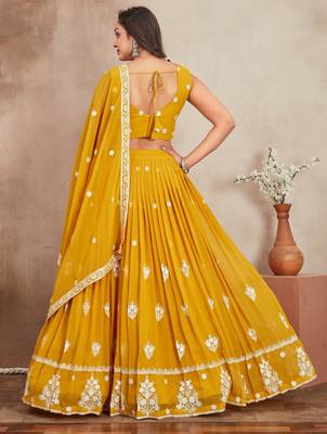 mustard yellow sequins and thread embroidered georgette lehenga dress 4
