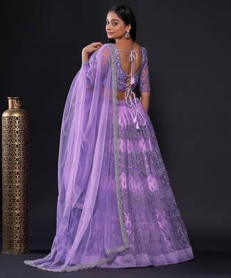 lavender thread zari and sequins embroidered net lehenga dress 5