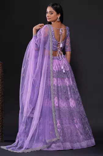 lavender thread zari and sequins embroidered net lehenga dress