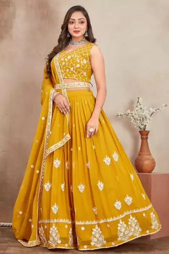 mustard yellow sequins and thread embroidered georgette lehenga dress