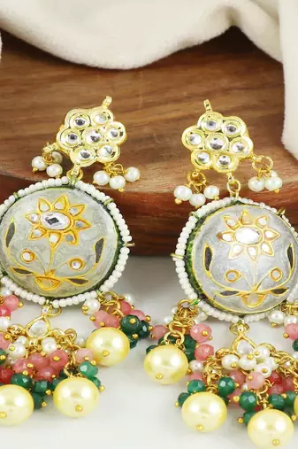 Kundan meena pearl green onyx earrings