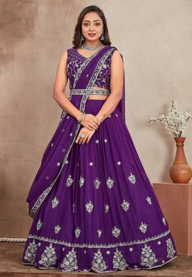purple sequins and thread embroidered georgette lehenga dress 1