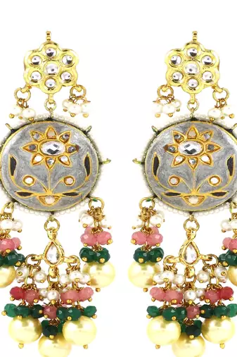 Kundan meena pearl green onyx earrings