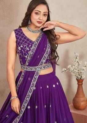 purple sequins and thread embroidered georgette lehenga dress 2