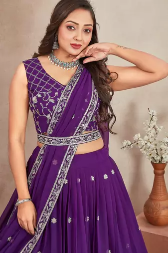 purple sequins and thread embroidered georgette lehenga dress