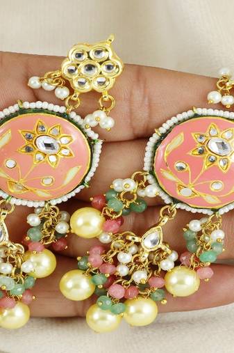Kundan meena pearl green quartz earrings