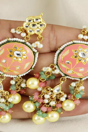 Kundan meena pearl green quartz earrings