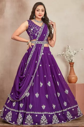 purple sequins and thread embroidered georgette lehenga dress