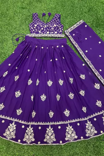 purple sequins and thread embroidered georgette lehenga dress
