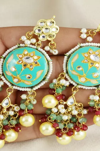 Kundan meena pearl green quartz earrings