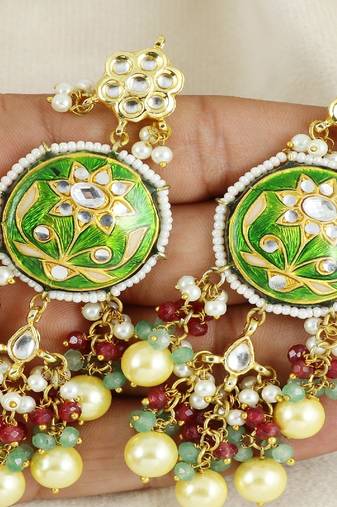Kundan meena pearl ruby earrings