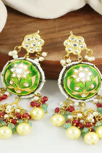 Kundan meena pearl ruby earrings
