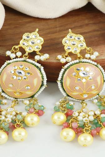 Kundan meena pearl rose quartz earrings