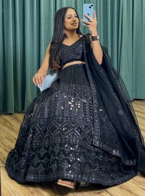 black coding and sequins embroidered net designer lehenga dress 5