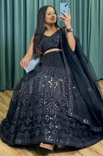 black coding and sequins embroidered net designer lehenga dress
