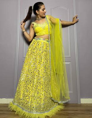yellow zari embroidered with paper foil work georgette lehenga dress 6