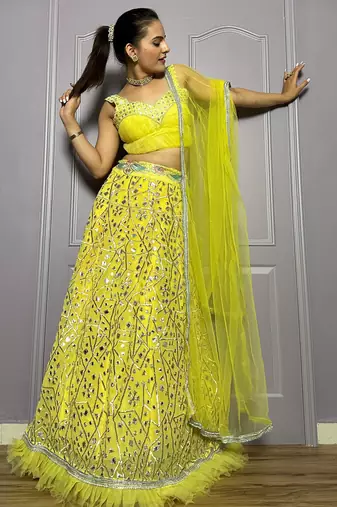 yellow zari embroidered with paper foil work georgette lehenga dress