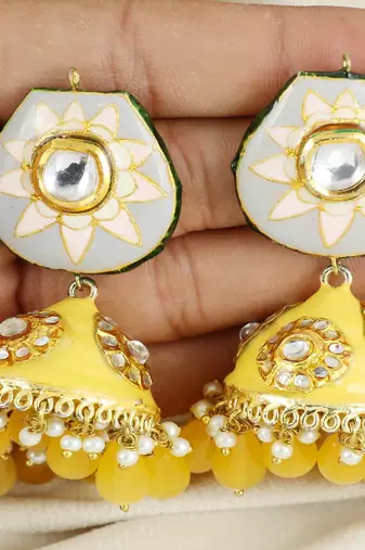Meena yellow gemstone pearl earrings