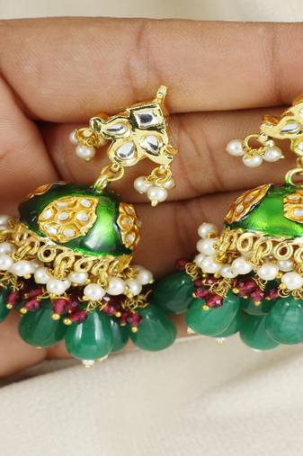 Meena pink sapphire pearl green onyx earrings