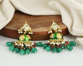 Meena pink sapphire pearl green onyx earrings 2