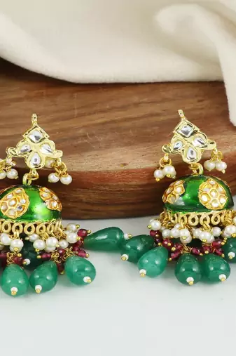 Meena pink sapphire pearl green onyx earrings