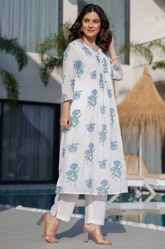 saint dark white printed cotton kurta sets