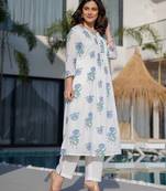 saint dark white printed cotton kurta sets